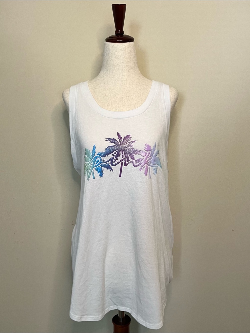 PINK Victoria's Secret White Tank with Pastel Tropical Script